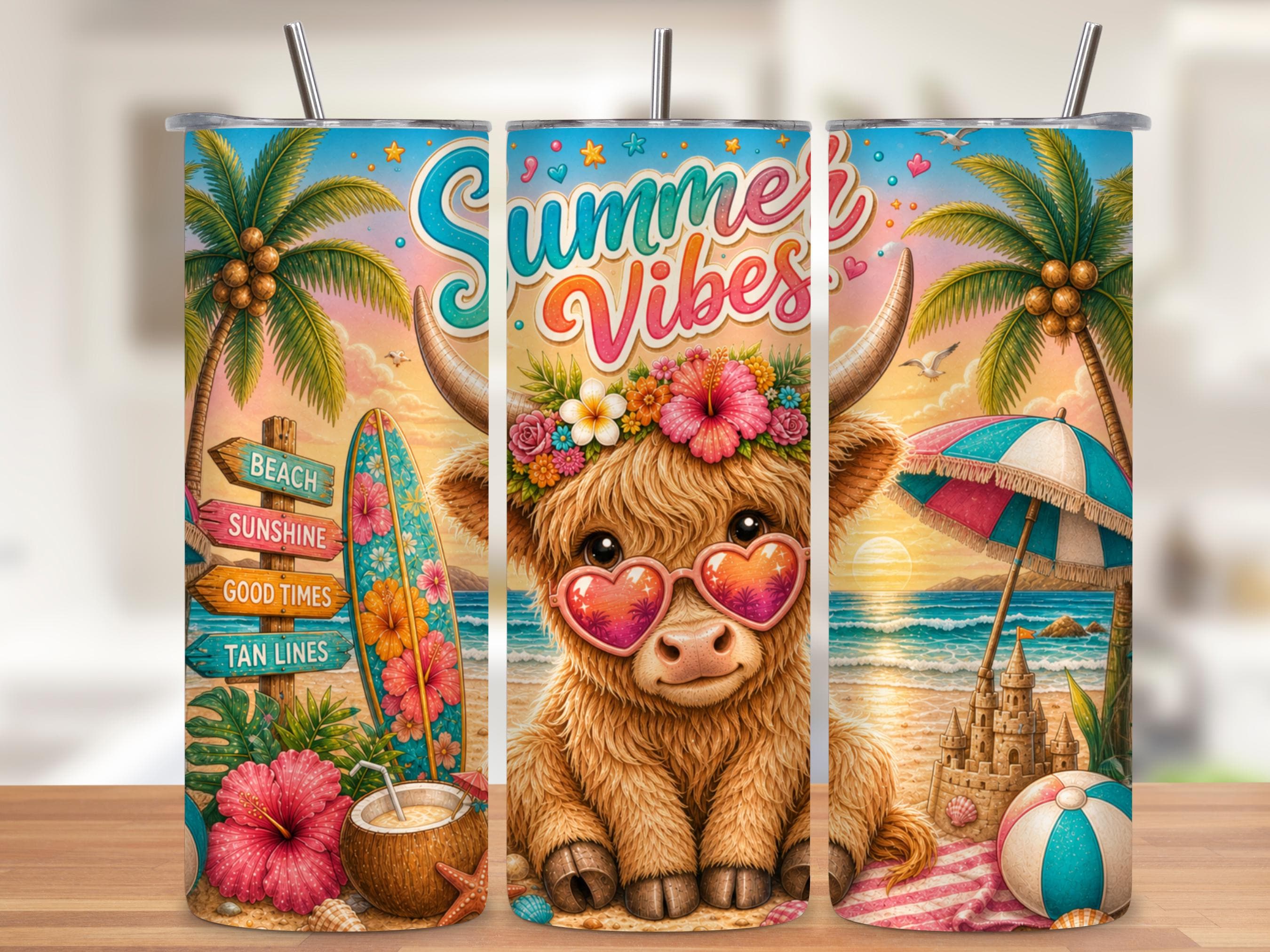 Summer Vibes Highland Cow Tumbler Wrap PNG with Mockups, Tropical Beach Surfboard 20oz Skinny Sublimation, Hibiscus Seamless Download