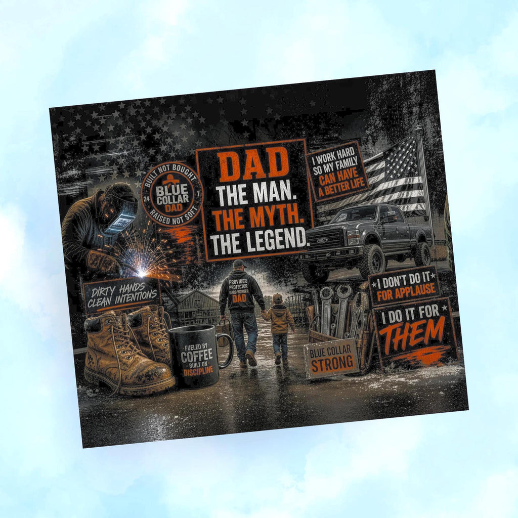 Blue Collar Dad Tumbler Wrap PNG, Father's Day 20oz Skinny Sublimation Design, Welder Truck Man Myth Legend Gift, Seamless with Mockups