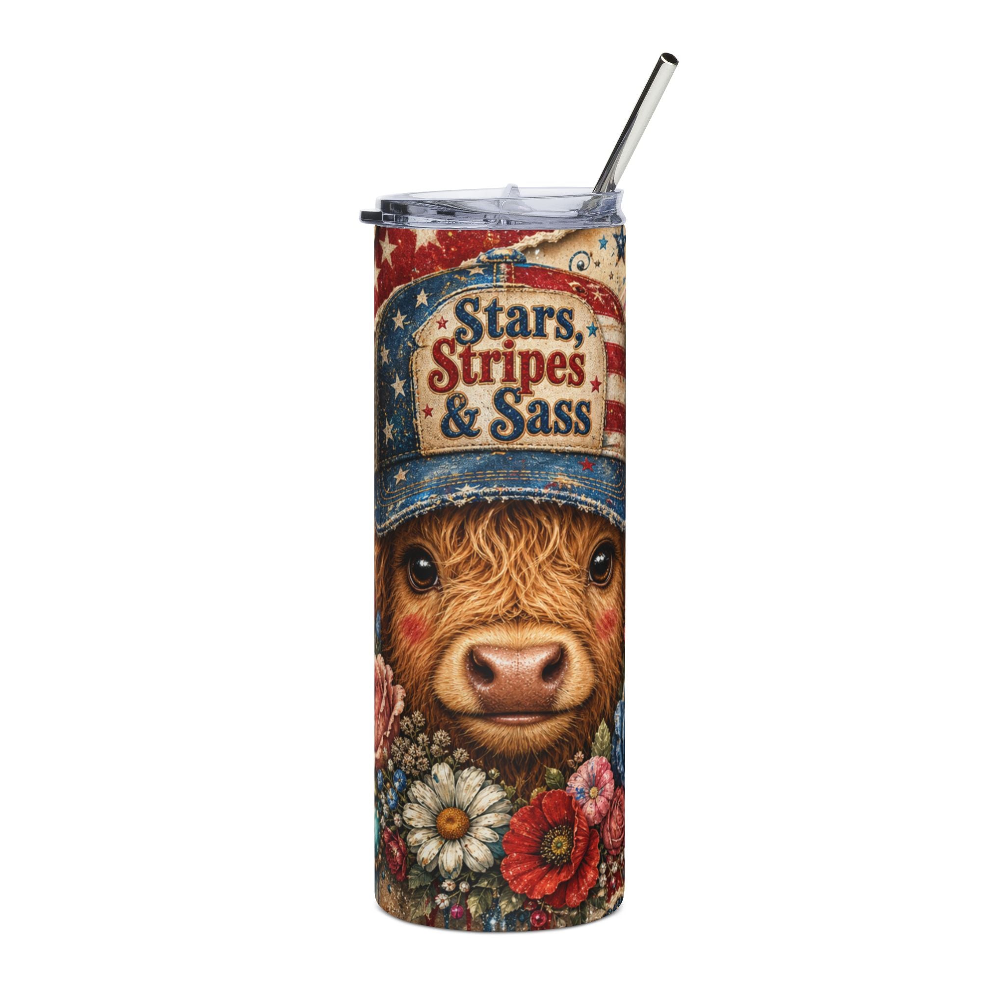 20oz Stainless Tumbler — "Stars, Stripes & Sass" Patriotic Cow Travel Cup