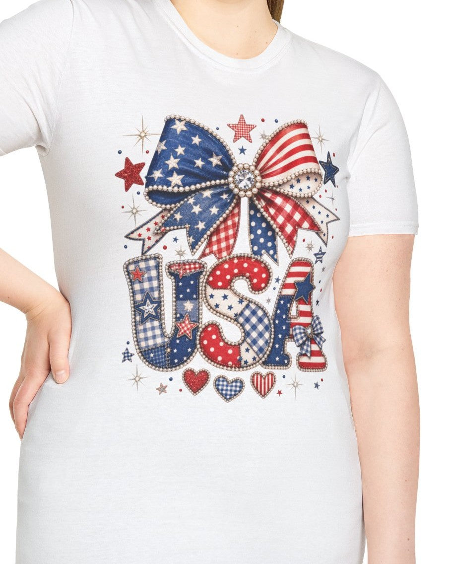 USA Patriotic Bow T-Shirt — American Flag Stars & Stripes 4th of July Tee