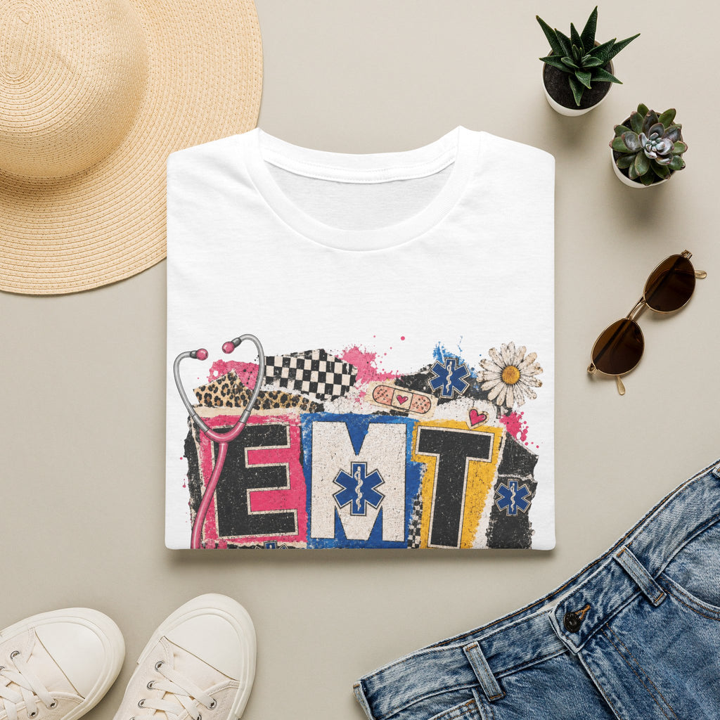EMT Floral Patchwork T-Shirt — Retro Medical Stethoscope Design
