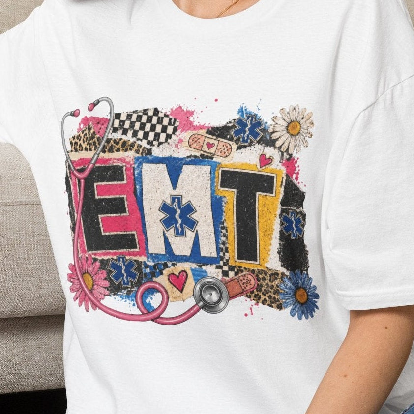EMT Floral Patchwork T-Shirt — Retro Medical Stethoscope Design
