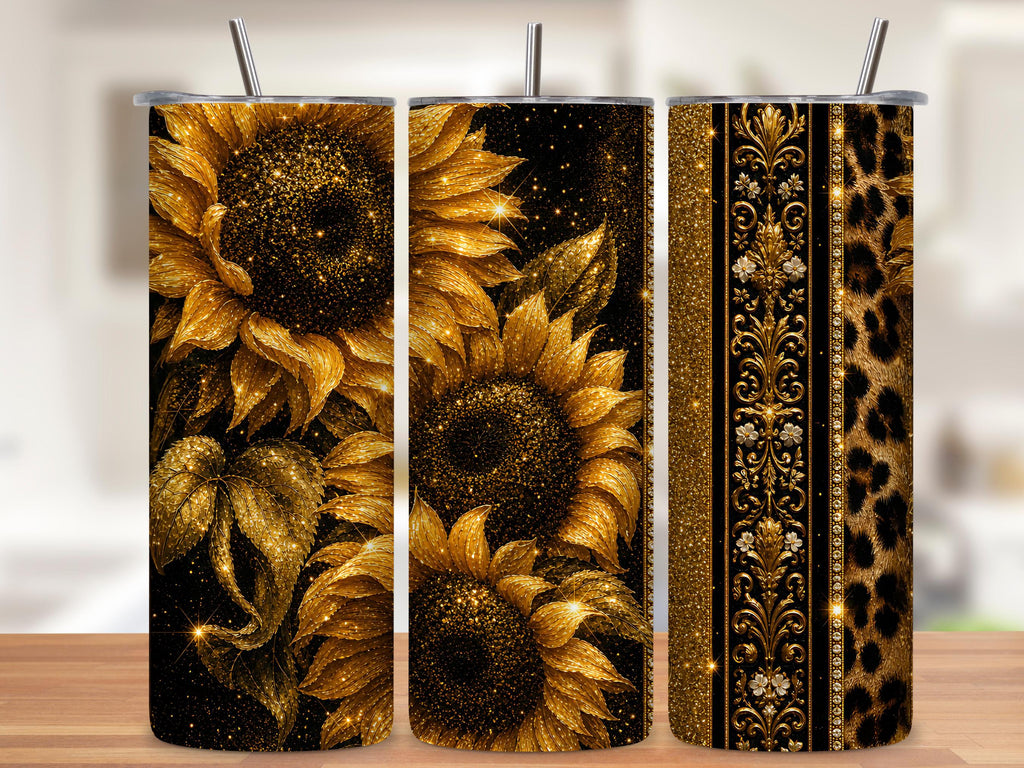 Black and Gold Glitter Sunflower Tumbler Wrap PNG, Leopard 20oz Skinny Sublimation Seamless Design with Mockups