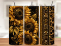 Black and Gold Glitter Sunflower Tumbler Wrap PNG, Leopard 20oz Skinny Sublimation Seamless Design with Mockups