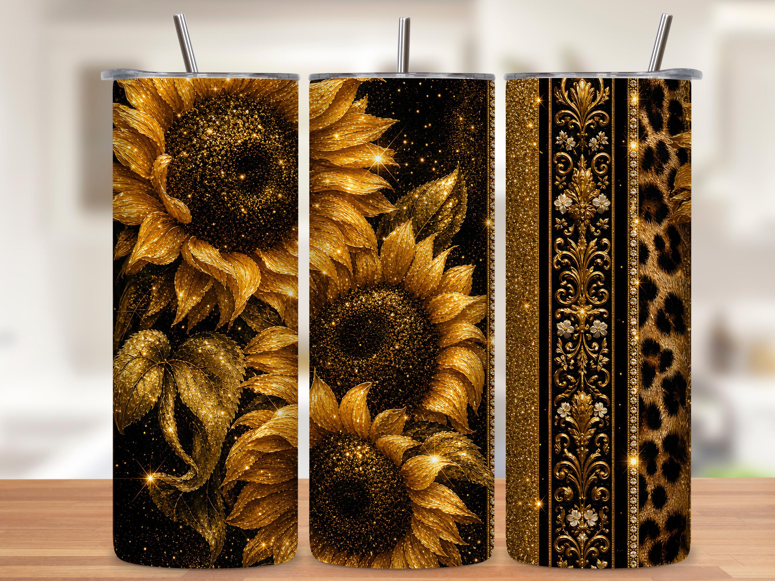 Black and Gold Glitter Sunflower Tumbler Wrap PNG, Leopard 20oz Skinny Sublimation Seamless Design with Mockups