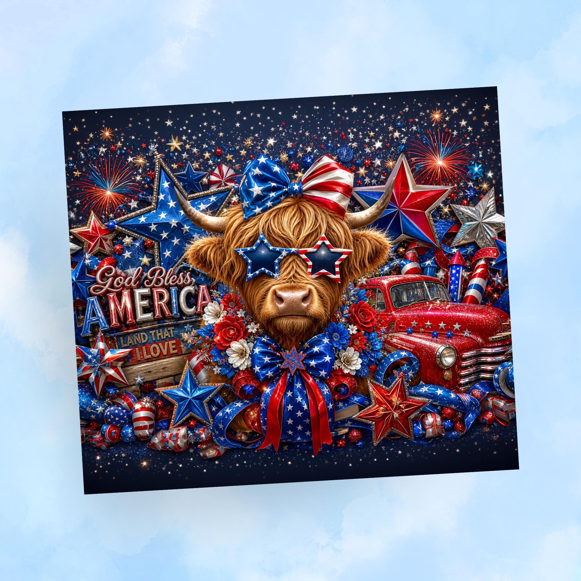 Patriotic Highland Cow Tumbler Wrap PNG with Mockups, God Bless America 4th of July 20oz Skinny Sublimation, Vintage Truck Seamless Download