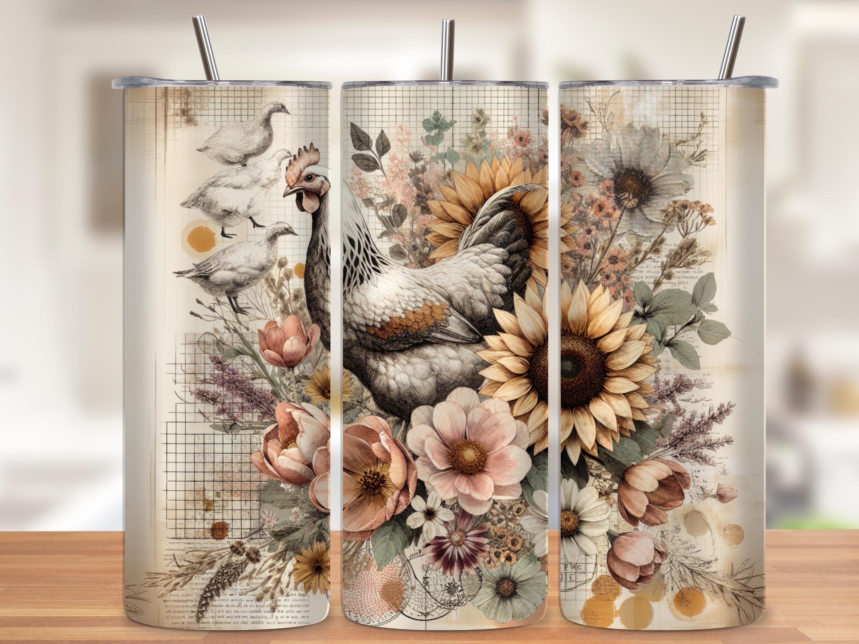 Seamless Vintage Chicken Floral Tumbler Wrap PNG | Digital Download for 20oz Skinny Tumblers  | Sublimation Design with Mockups
