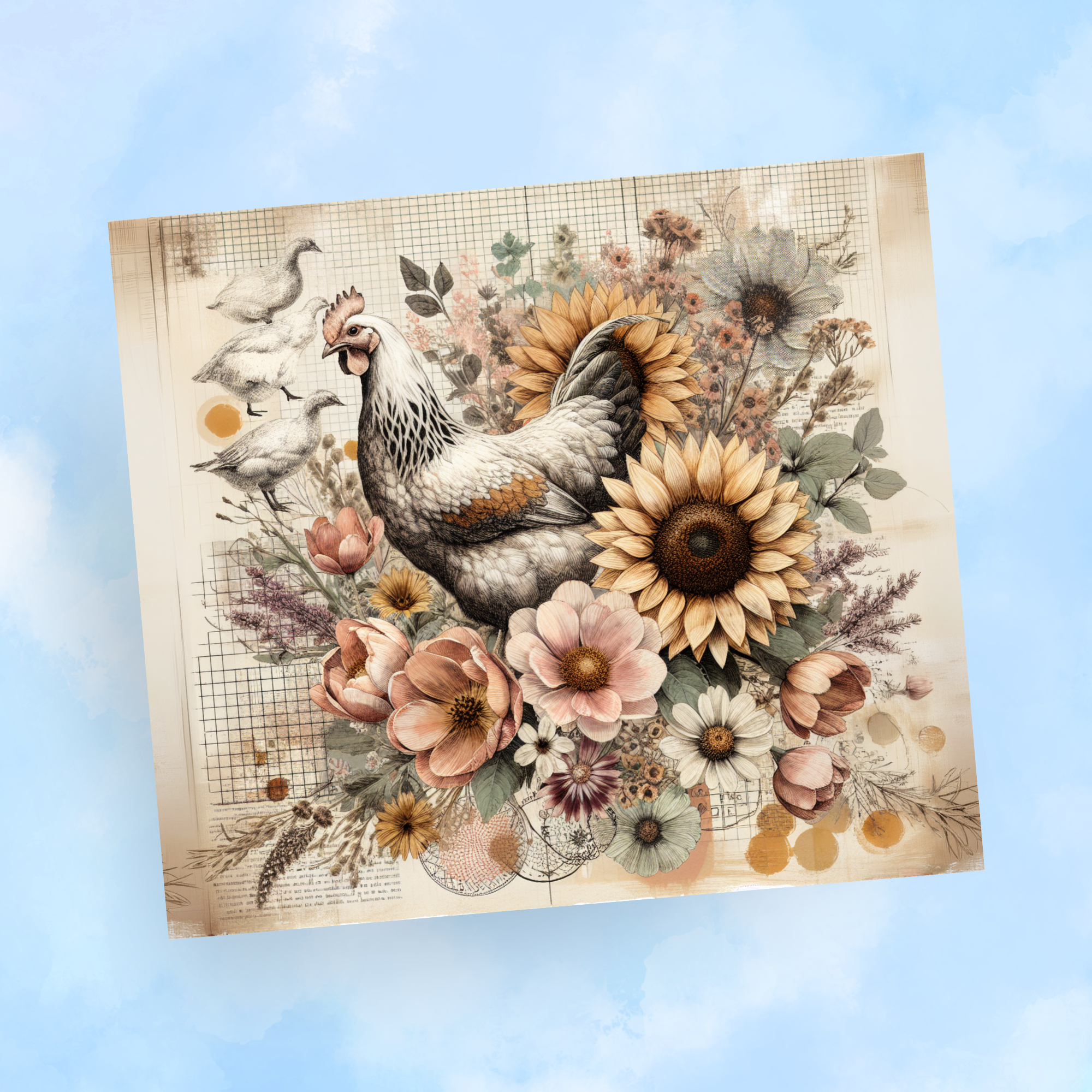 Seamless Vintage Chicken Floral Tumbler Wrap PNG | Digital Download for 20oz Skinny Tumblers  | Sublimation Design with Mockups