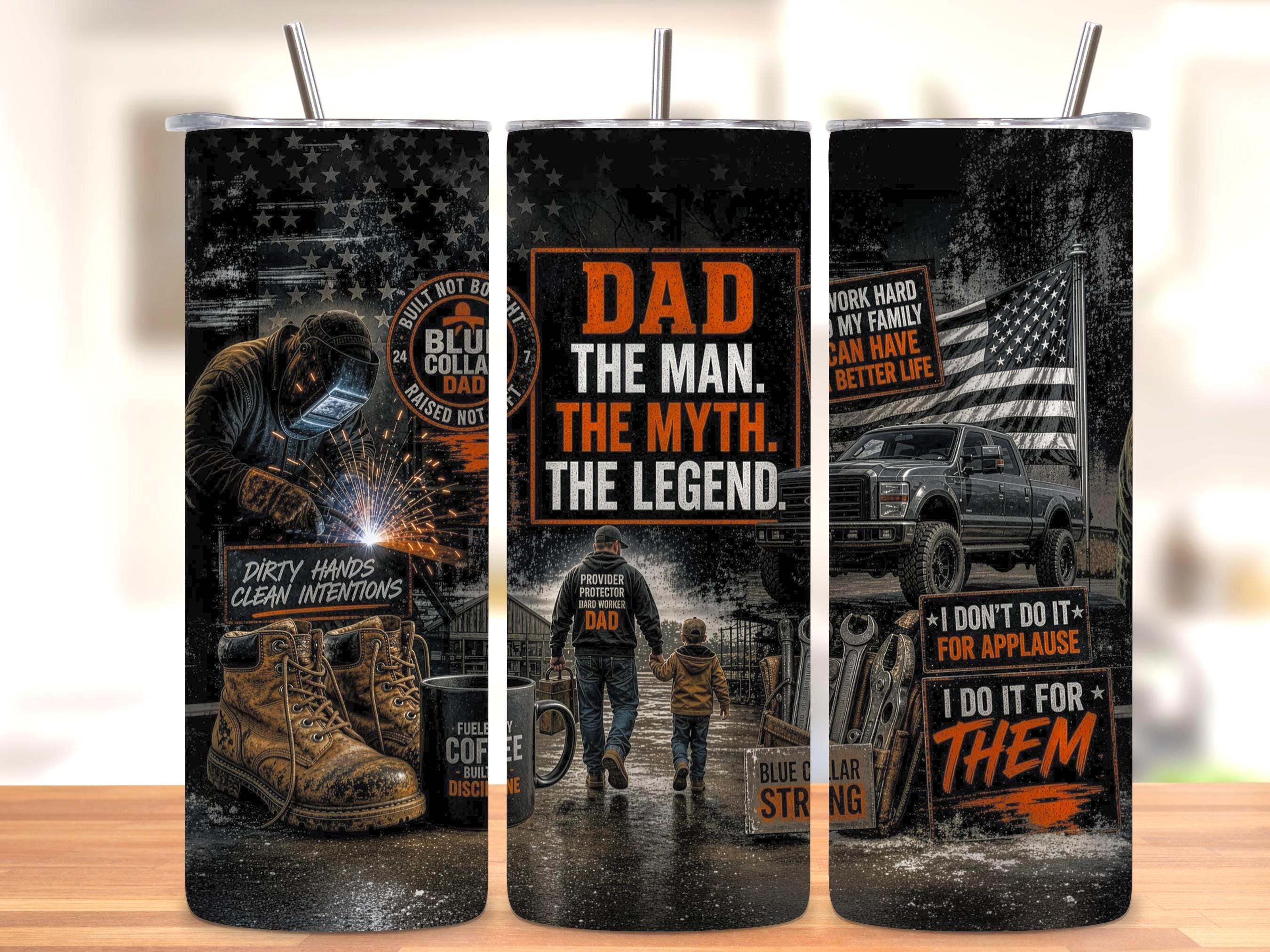 Blue Collar Dad Tumbler Wrap PNG, Father's Day 20oz Skinny Sublimation Design, Welder Truck Man Myth Legend Gift, Seamless with Mockups
