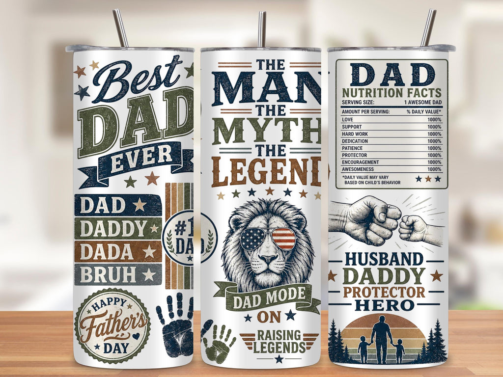 Best Dad Ever Tumbler Wrap PNG with Mockups, Man Myth Legend 20oz Skinny Sublimation, Father's Day Nutrition Facts Lion Digital Download