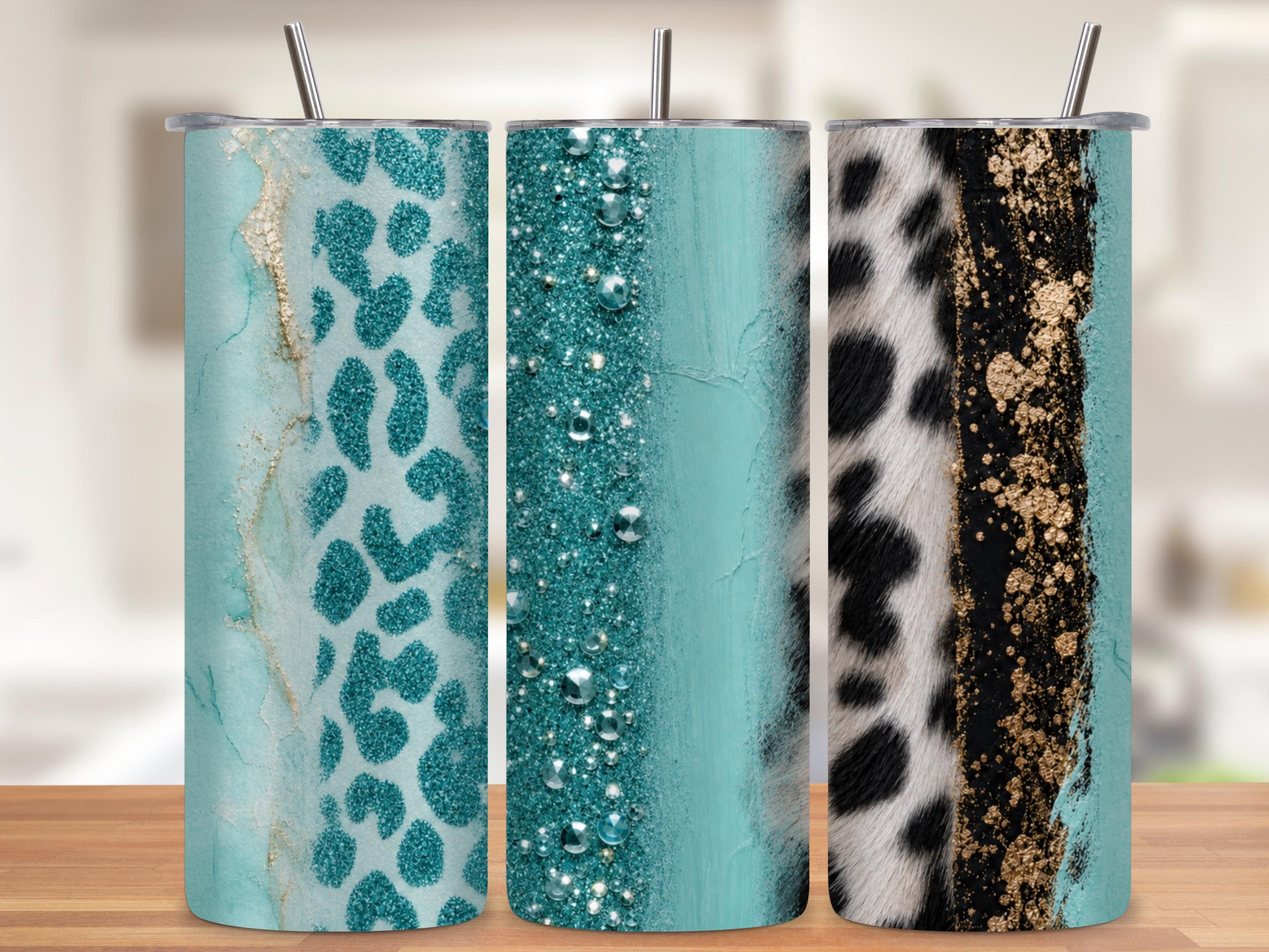 Teal Glitter Leopard Tumbler Wrap PNG with Mockups, Luxury Cowhide Agate Gold Foil 20oz Skinny Sublimation, Western Boho Seamless Download
