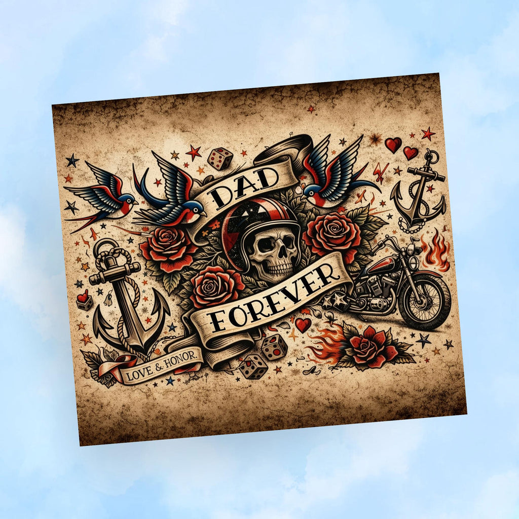 Dad Forever Tattoo Tumbler Wrap PNG Father's Day 20oz Skinny Sublimation Retro Biker Motorcycle Skull Design Seamless with Mockups