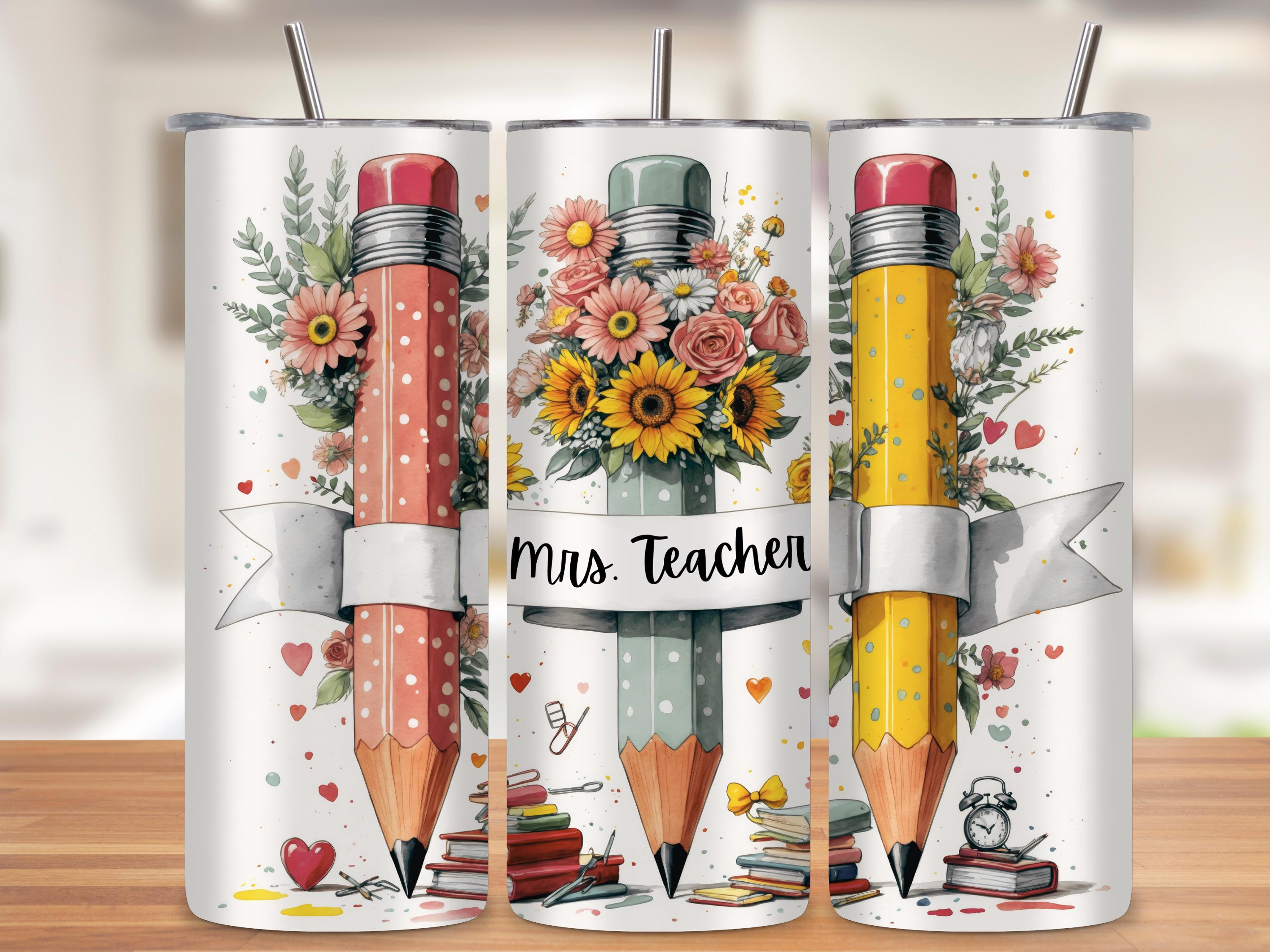 Custom Teacher Pencil Tumbler Wrap PNG, Floral Pencil 20oz Skinny Sublimation Design, Personalized Teacher Gift, Seamless with Mockups