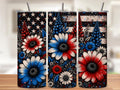 Patriotic Floral Tumbler Wrap PNG with Mockups, Red White Blue Daisies American Flag 20oz Skinny Sublimation, Glitter Seamless Download