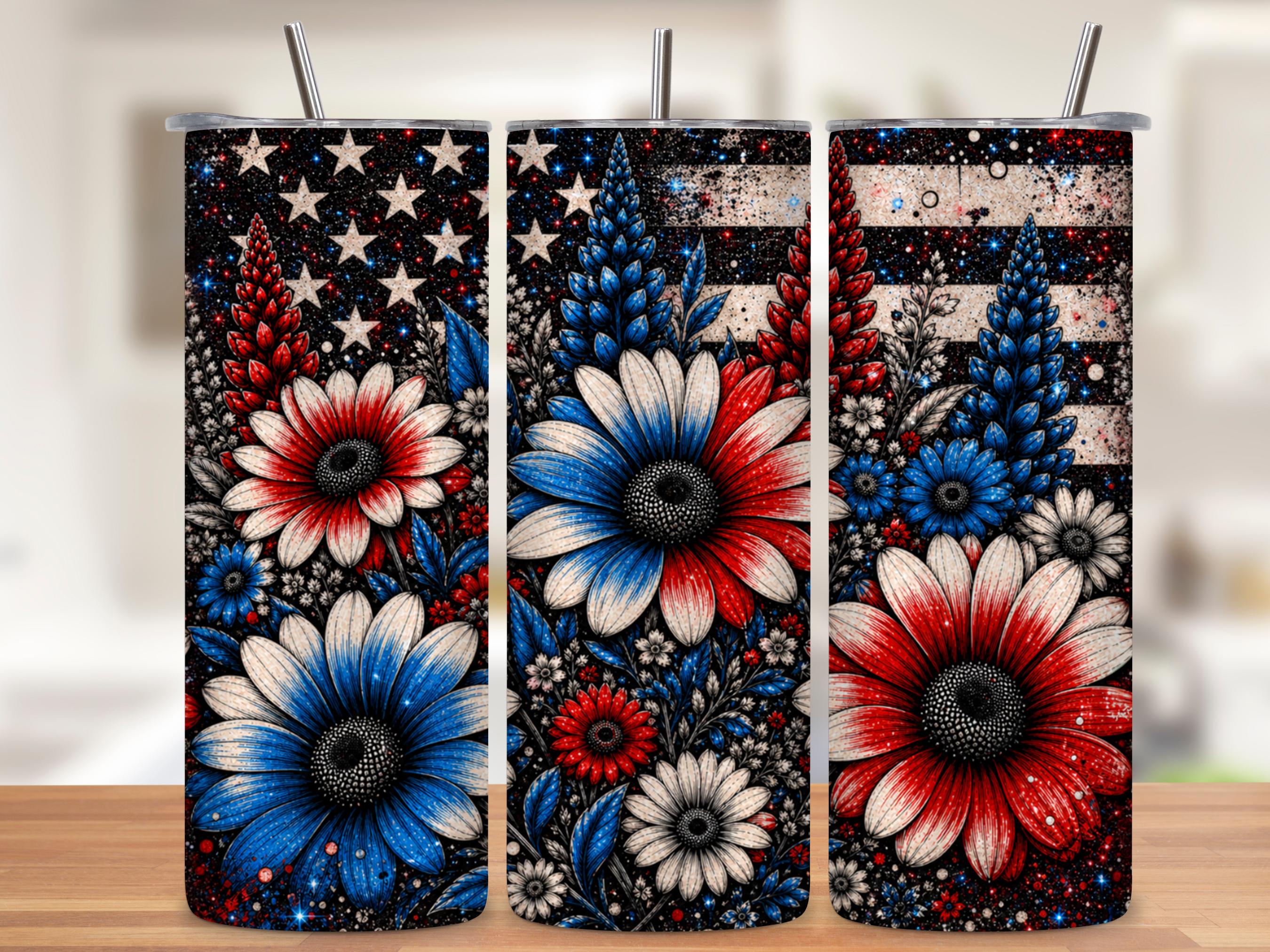 Patriotic Floral Tumbler Wrap PNG with Mockups, Red White Blue Daisies American Flag 20oz Skinny Sublimation, Glitter Seamless Download