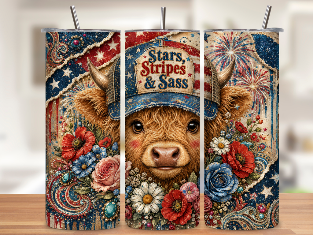 20oz Stainless Tumbler — "Stars, Stripes & Sass" Patriotic Cow Travel Cup