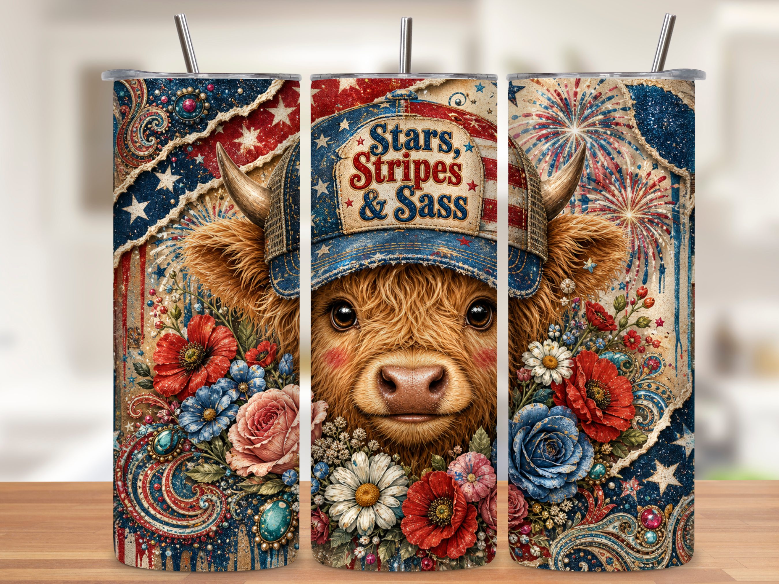 20oz Stainless Tumbler — "Stars, Stripes & Sass" Patriotic Cow Travel Cup