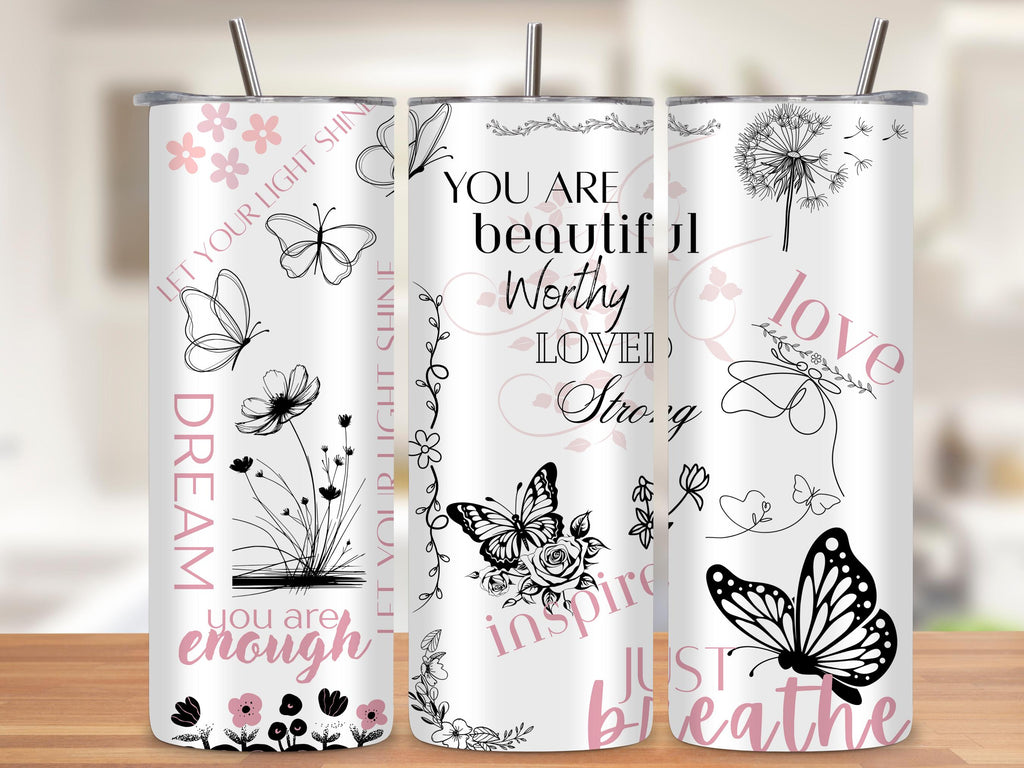 Inspirational Butterfly Tumbler Wrap PNG with Mockups, Positive Quotes Floral 20oz Skinny Sublimation, Just Breathe Seamless Download