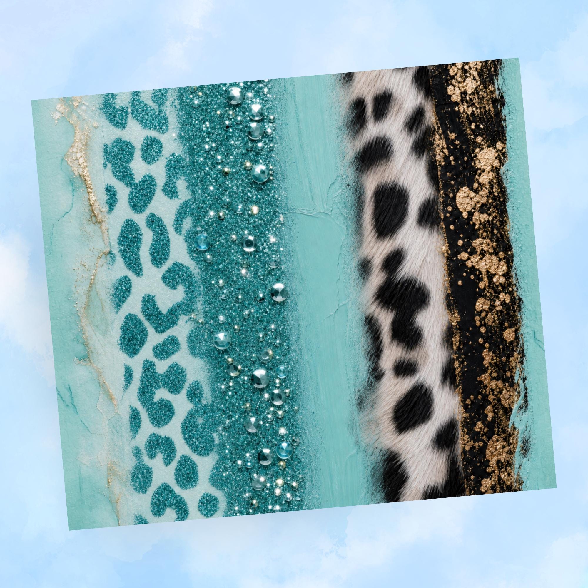 Teal Glitter Leopard Tumbler Wrap PNG with Mockups, Luxury Cowhide Agate Gold Foil 20oz Skinny Sublimation, Western Boho Seamless Download