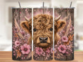Rustic Highland Cow Tumbler Wrap PNG with Mockups, Vintage Wood Floral 20oz Skinny Sublimation, Dusty Pink Cow Seamless Digital Download