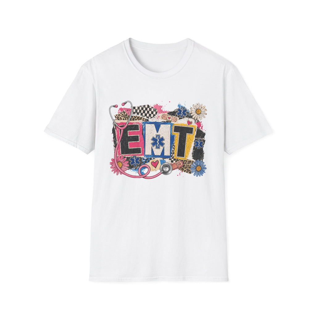 EMT Floral Patchwork T-Shirt — Retro Medical Stethoscope Design