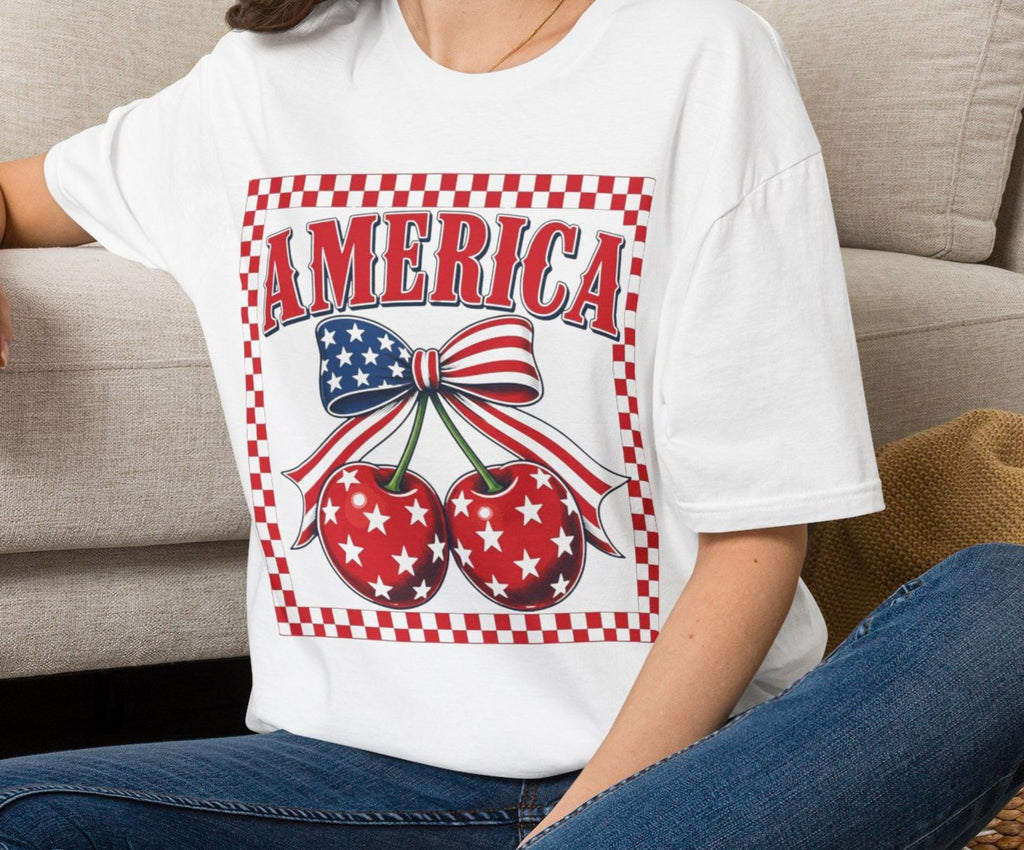 America Cherry Graphic T-Shirt — Patriotic USA Bow & Checkered Design