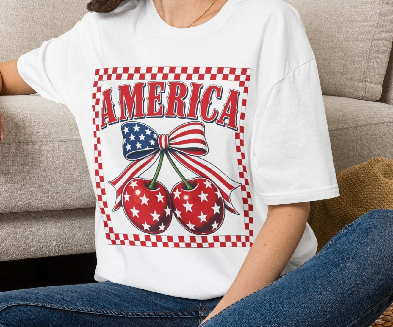 America Cherry Graphic T-Shirt — Patriotic USA Bow & Checkered Design