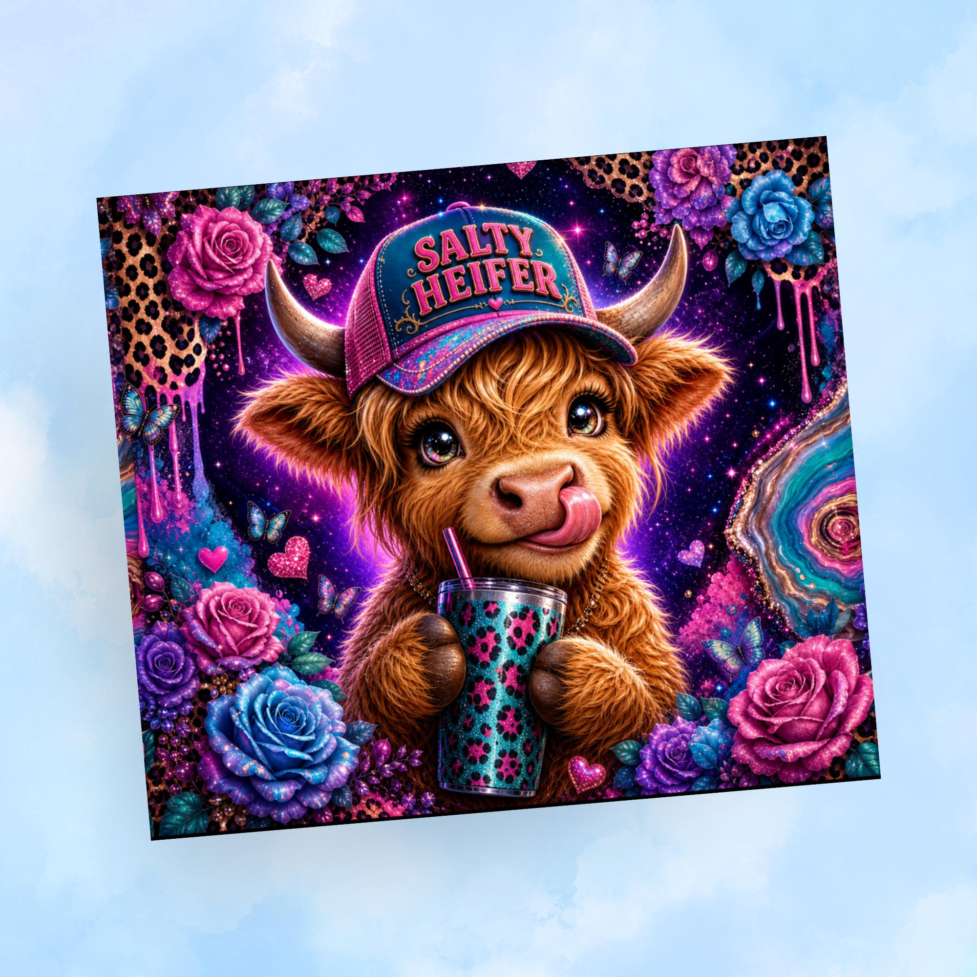 Salty Heifer Highland Cow Tumbler Wrap PNG with Mockups, Neon Leopard Glitter Rose 20oz Skinny Sublimation, Western Agate Seamless Download