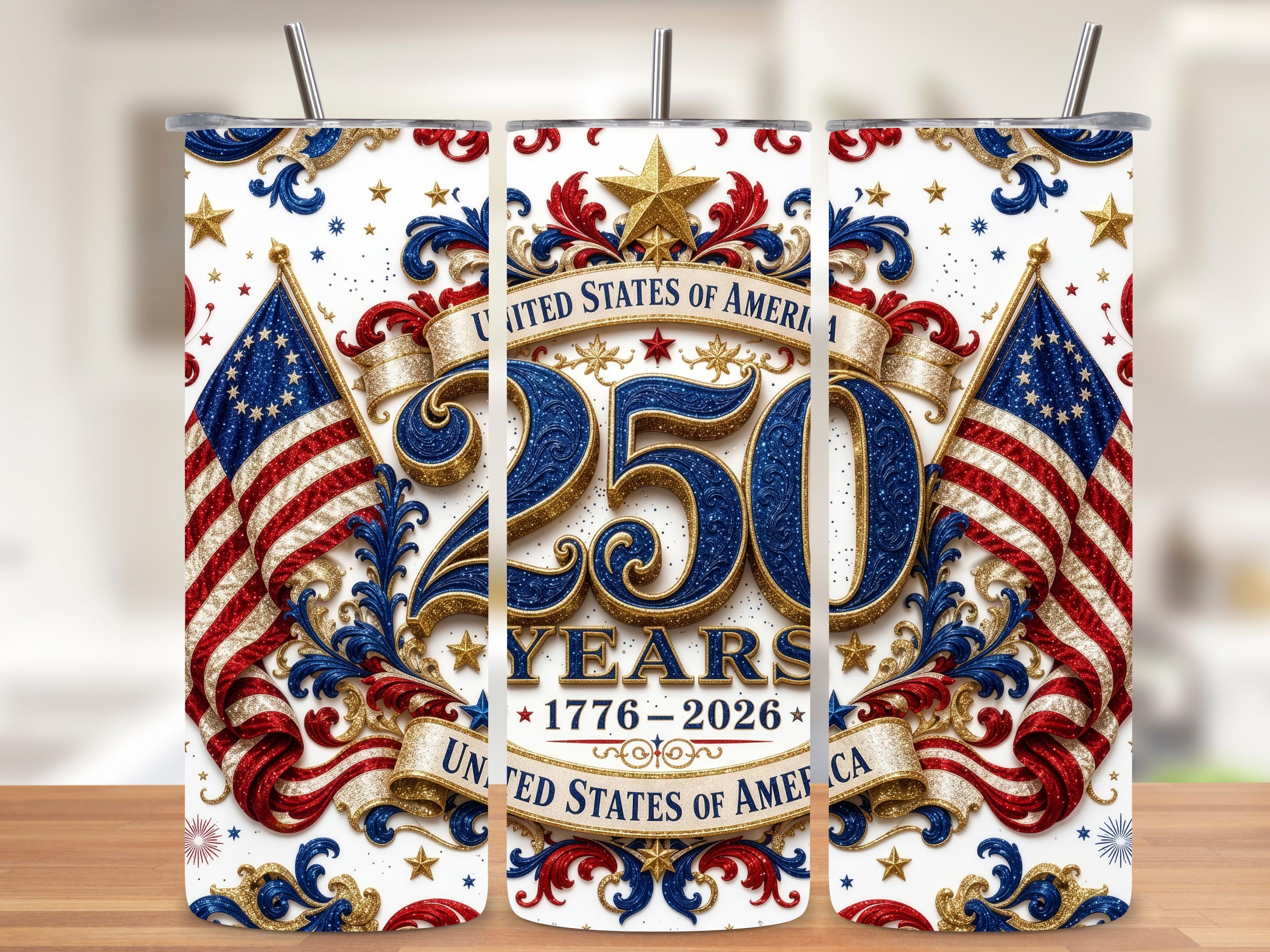 USA 250 Years Tumbler Wrap PNG, America 1776-2026 4th of July 20oz Skinny Sublimation, Patriotic Flag Digital Download with Mockups