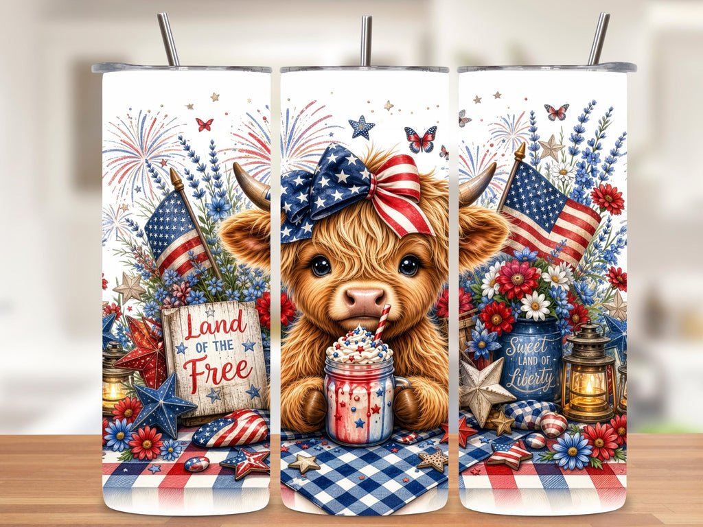 Patriotic Highland Cow Tumbler Wrap PNG 4th of July 20oz Skinny Sublimation Seamless with Mockups Digital Download