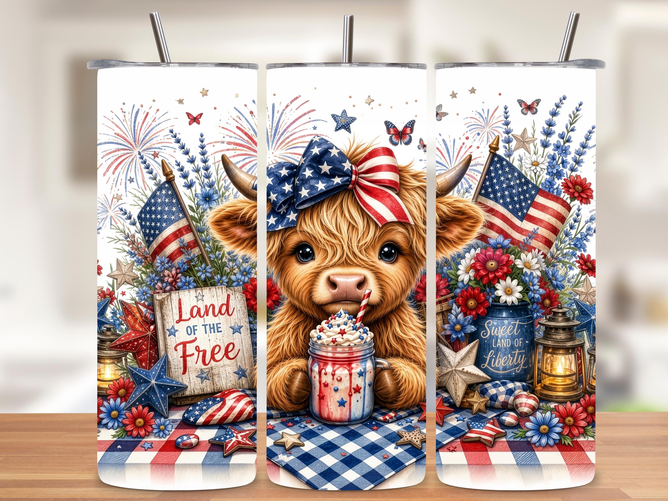 Patriotic Highland Cow Tumbler Wrap PNG 4th of July 20oz Skinny Sublimation Seamless with Mockups Digital Download
