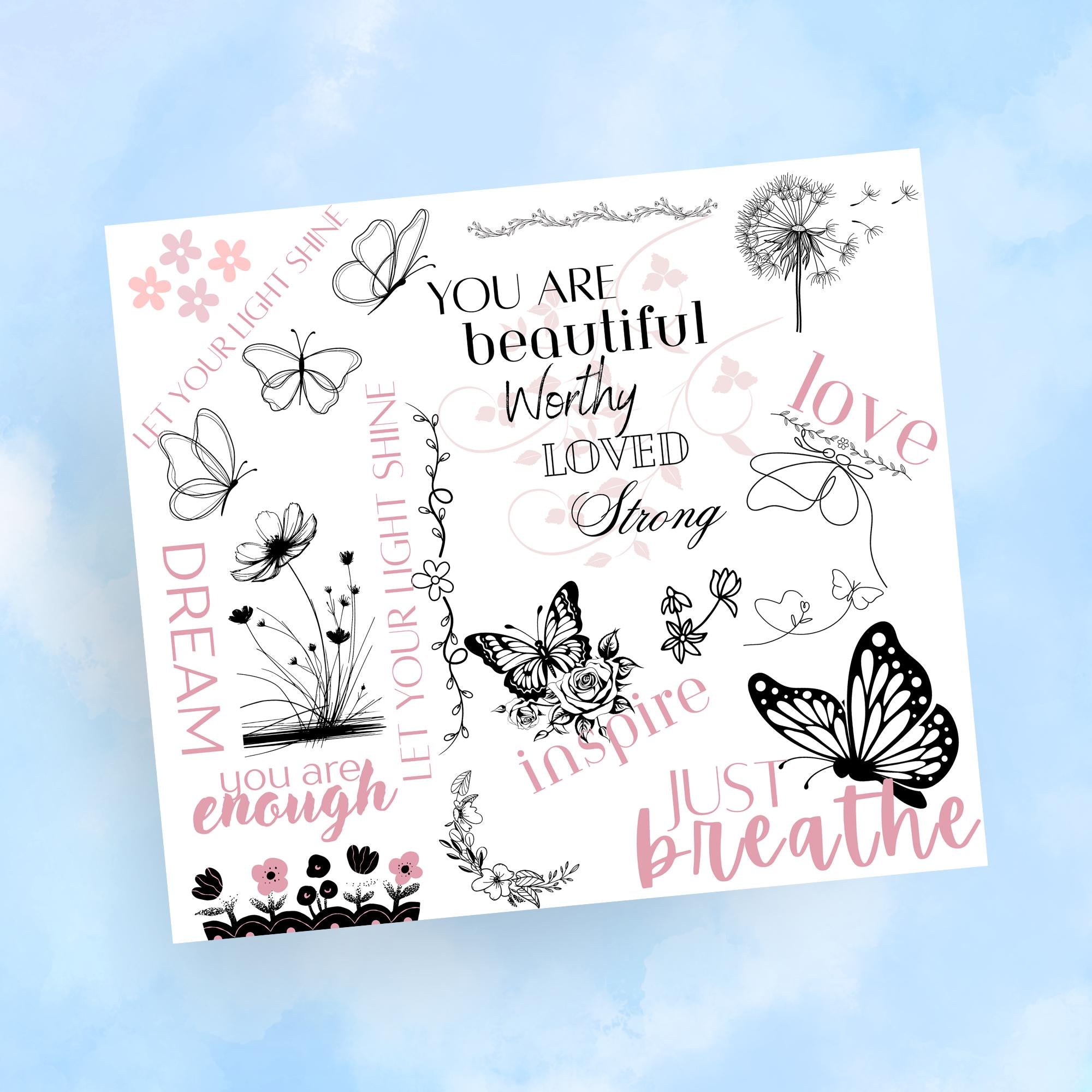 Inspirational Butterfly Tumbler Wrap PNG with Mockups, Positive Quotes Floral 20oz Skinny Sublimation, Just Breathe Seamless Download