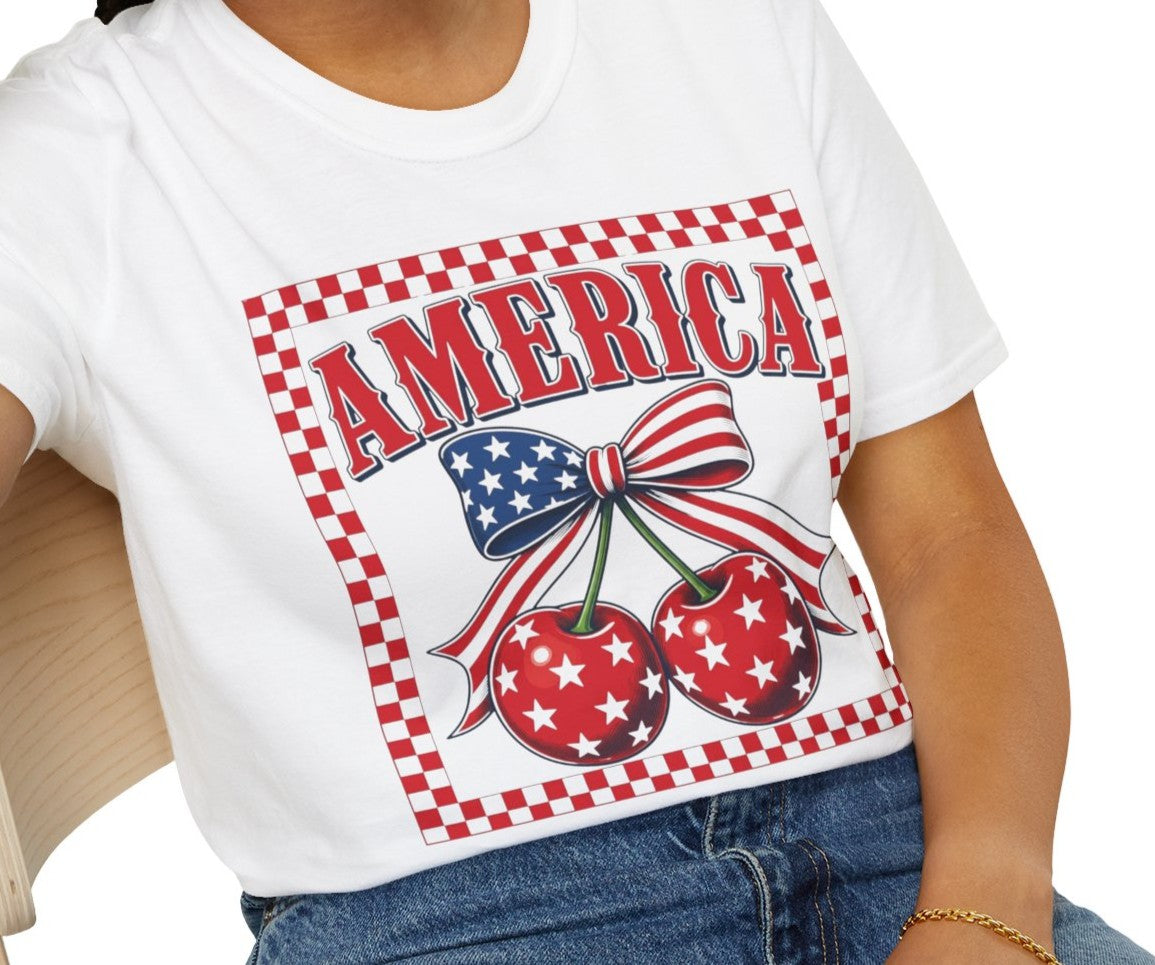 America Cherry Graphic T-Shirt — Patriotic USA Bow & Checkered Design