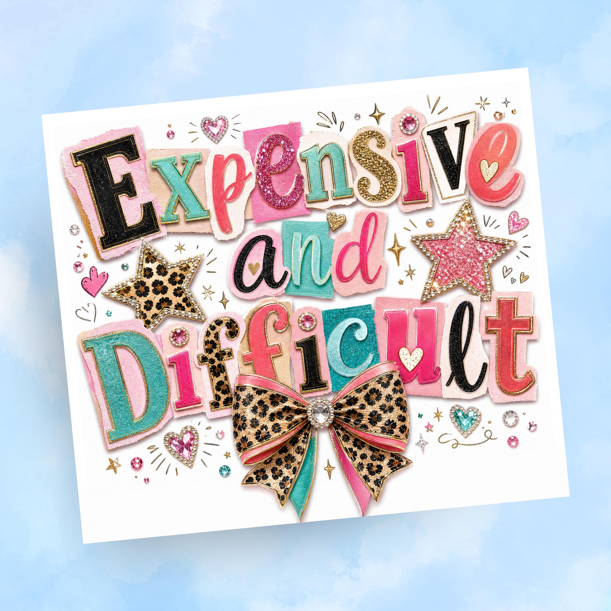 Retro Pink Leopard Glitter Bow Sassy Expensive and Difficult Tumbler Wrap PNG, Scrapbook 20oz Skinny Sublimation Seamless with Mockups