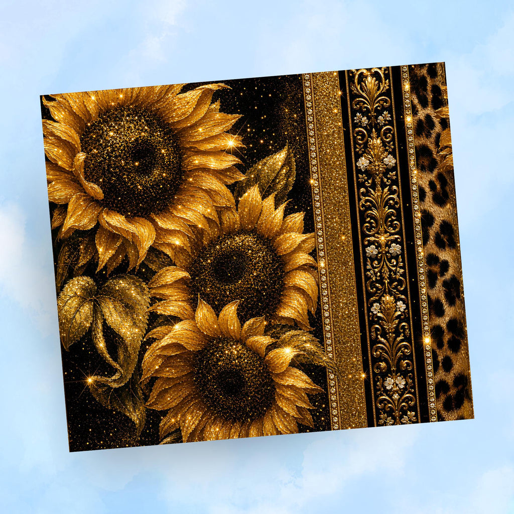 Black and Gold Glitter Sunflower Tumbler Wrap PNG, Leopard 20oz Skinny Sublimation Seamless Design with Mockups