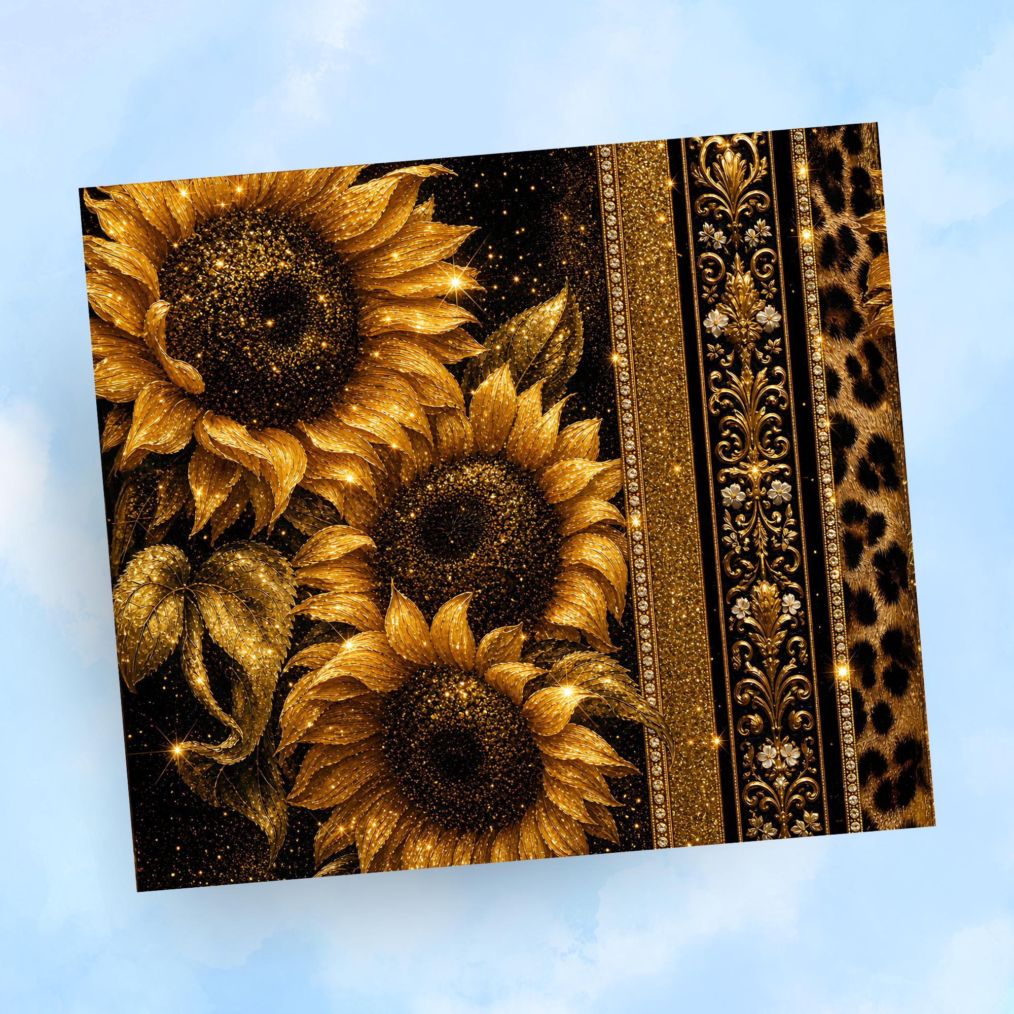 Black and Gold Glitter Sunflower Tumbler Wrap PNG, Leopard 20oz Skinny Sublimation Seamless Design with Mockups