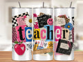 Retro Teacher Tumbler Wrap, 20oz Skinny Tumbler, 90s Grungy Scrapbook Teacher Appreciation Digital, Sublimation PNG, Seamless with Mockups