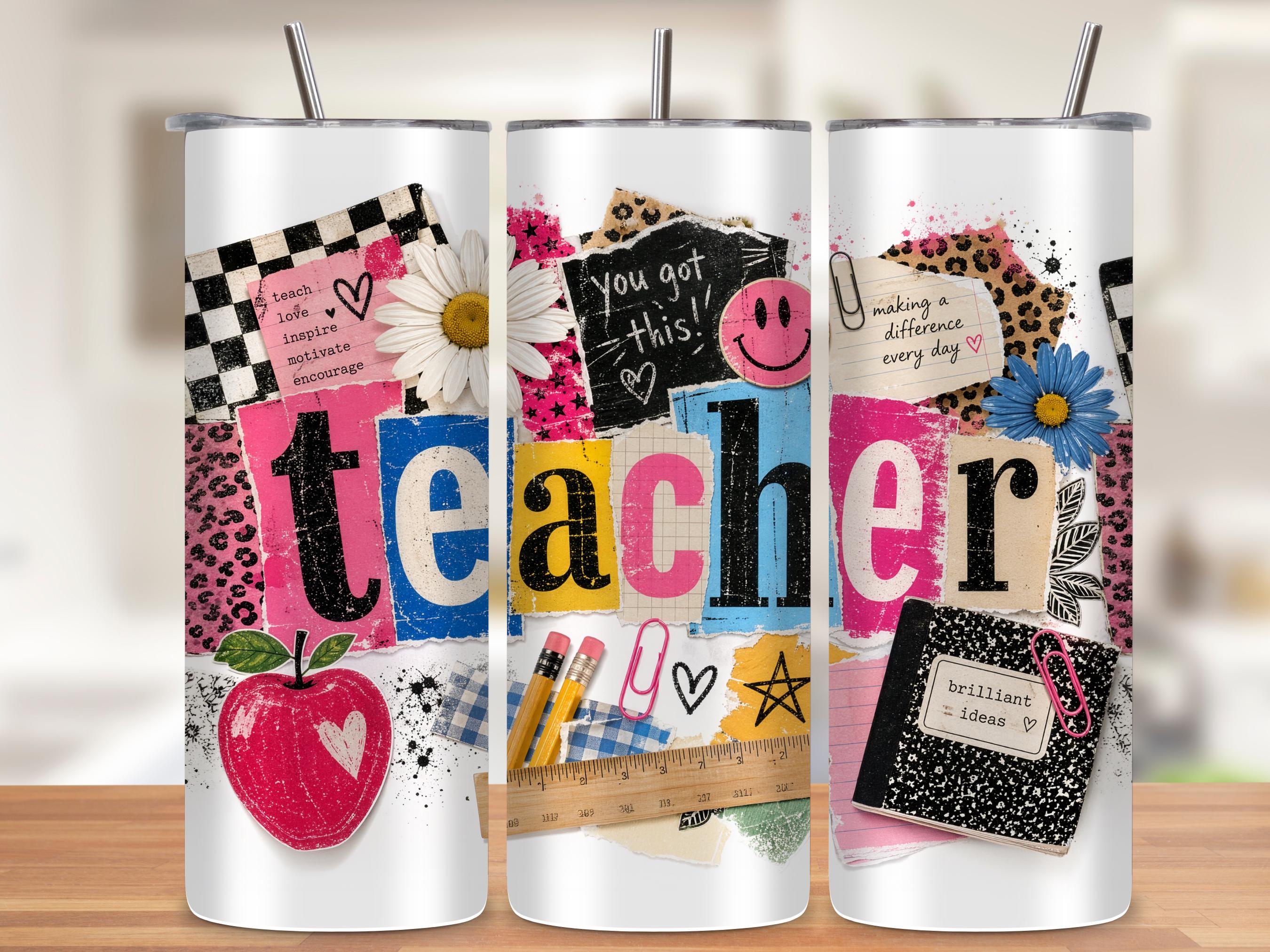 Retro Teacher Tumbler Wrap, 20oz Skinny Tumbler, 90s Grungy Scrapbook Teacher Appreciation Digital, Sublimation PNG, Seamless with Mockups