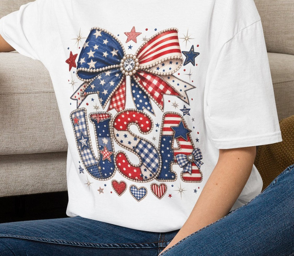 USA Patriotic Bow T-Shirt — American Flag Stars & Stripes 4th of July Tee