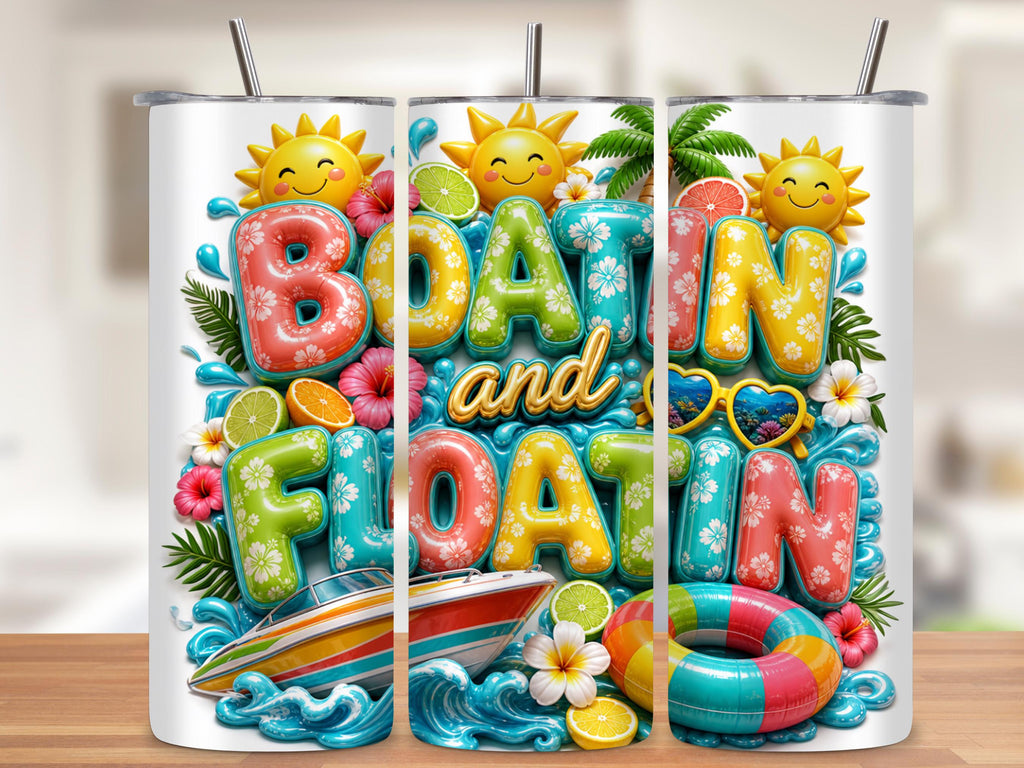 Boatin and Floatin Tumbler Wrap PNG with Mockups, Summer Lake Life Pool 20oz Skinny Sublimation, 3D Inflated Letters Seamless Download