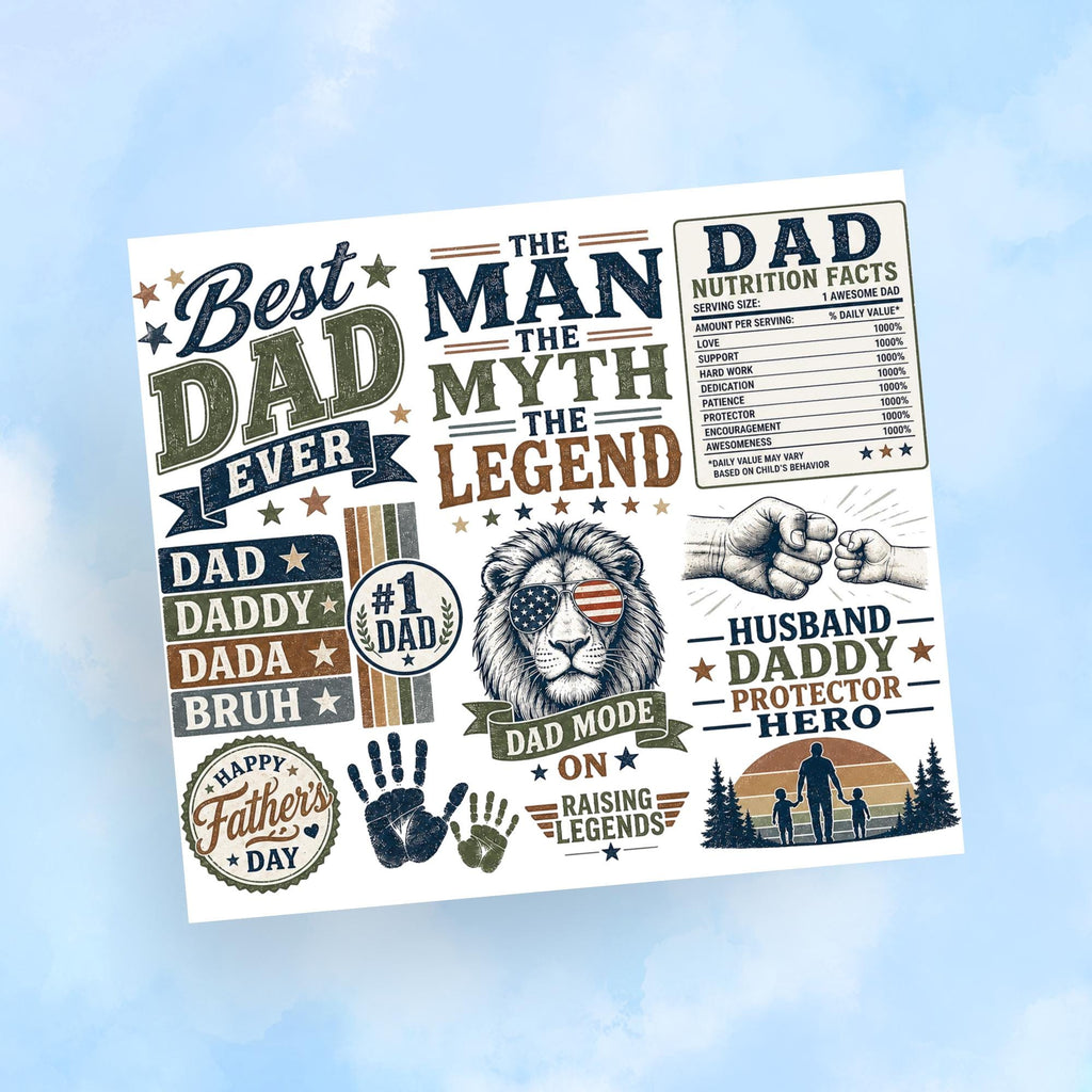 Best Dad Ever Tumbler Wrap PNG with Mockups, Man Myth Legend 20oz Skinny Sublimation, Father's Day Nutrition Facts Lion Digital Download