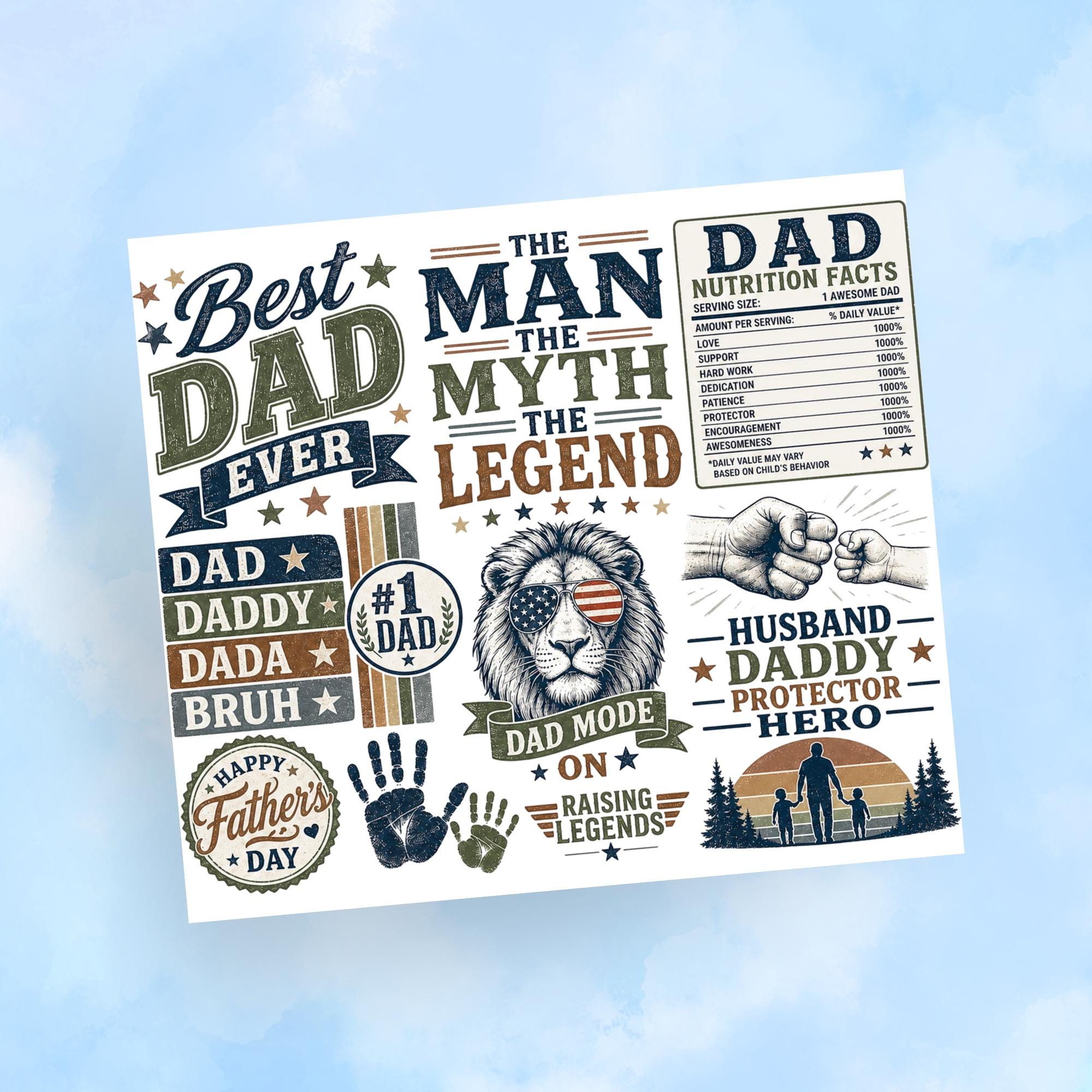 Best Dad Ever Tumbler Wrap PNG with Mockups, Man Myth Legend 20oz Skinny Sublimation, Father's Day Nutrition Facts Lion Digital Download