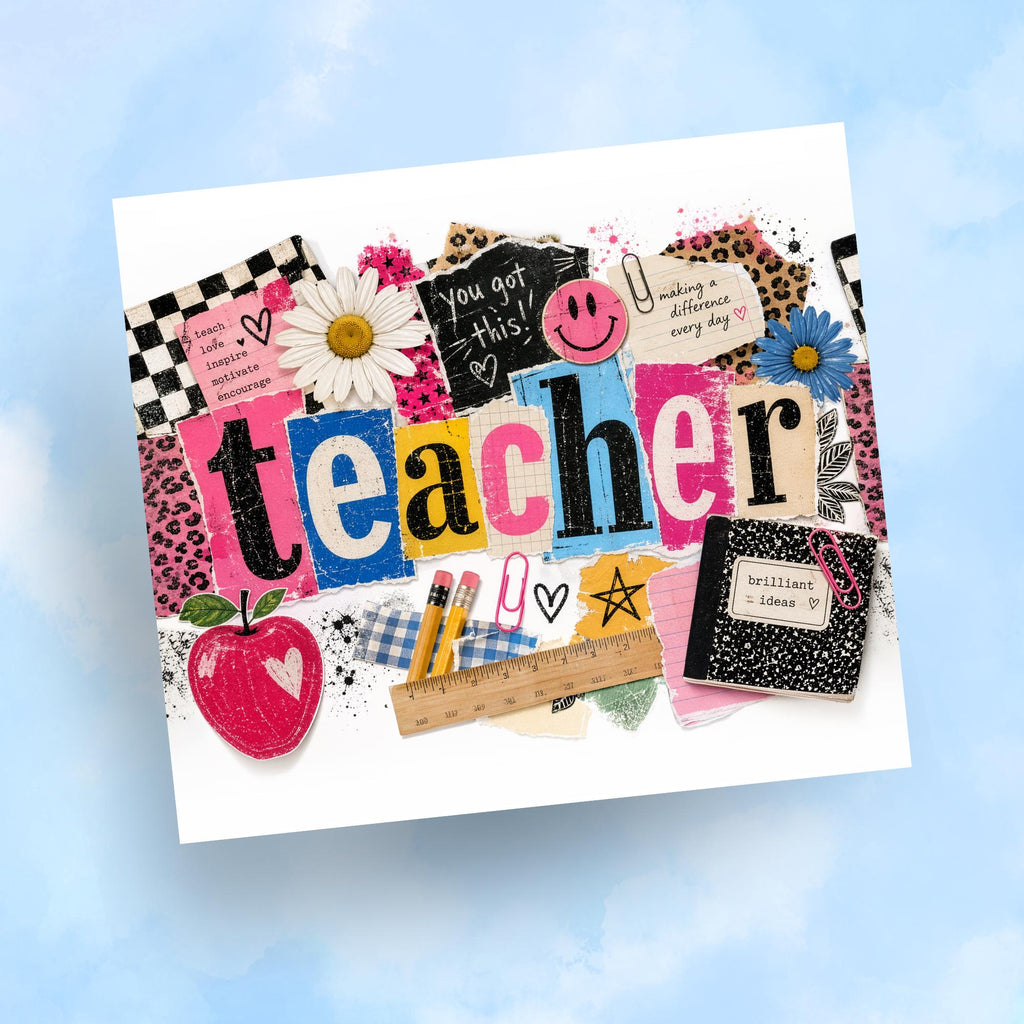 Retro Teacher Tumbler Wrap, 20oz Skinny Tumbler, 90s Grungy Scrapbook Teacher Appreciation Digital, Sublimation PNG, Seamless with Mockups