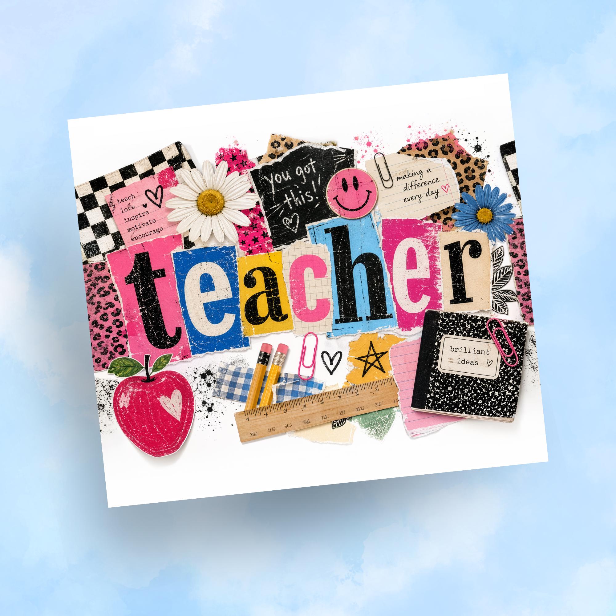 Retro Teacher Tumbler Wrap, 20oz Skinny Tumbler, 90s Grungy Scrapbook Teacher Appreciation Digital, Sublimation PNG, Seamless with Mockups