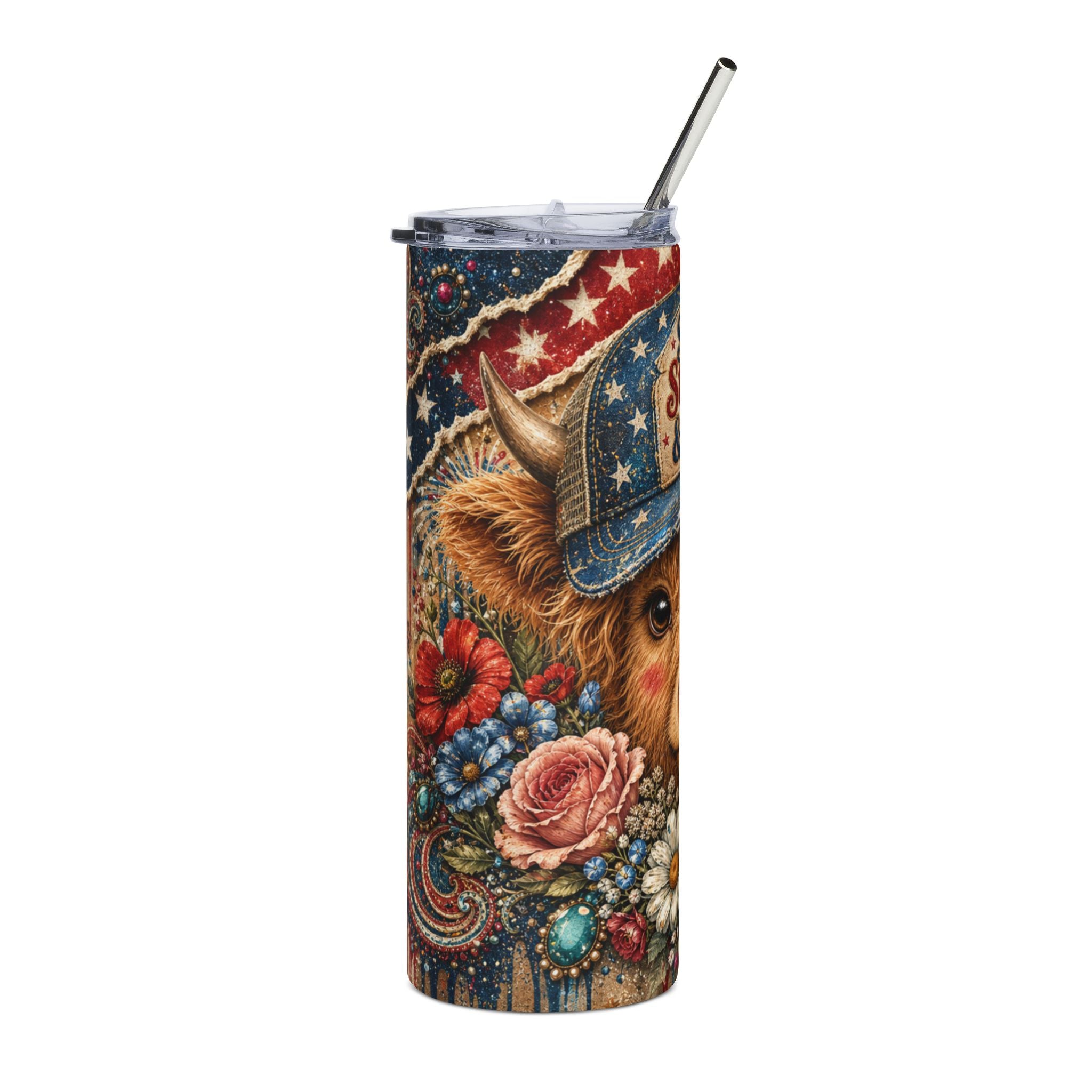 20oz Stainless Tumbler — "Stars, Stripes & Sass" Patriotic Cow Travel Cup