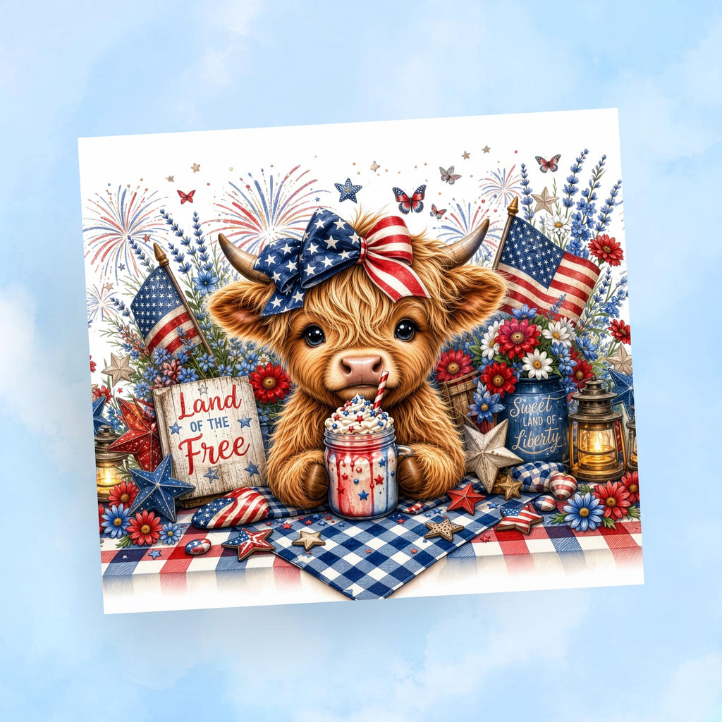 Patriotic Highland Cow Tumbler Wrap PNG 4th of July 20oz Skinny Sublimation Seamless with Mockups Digital Download