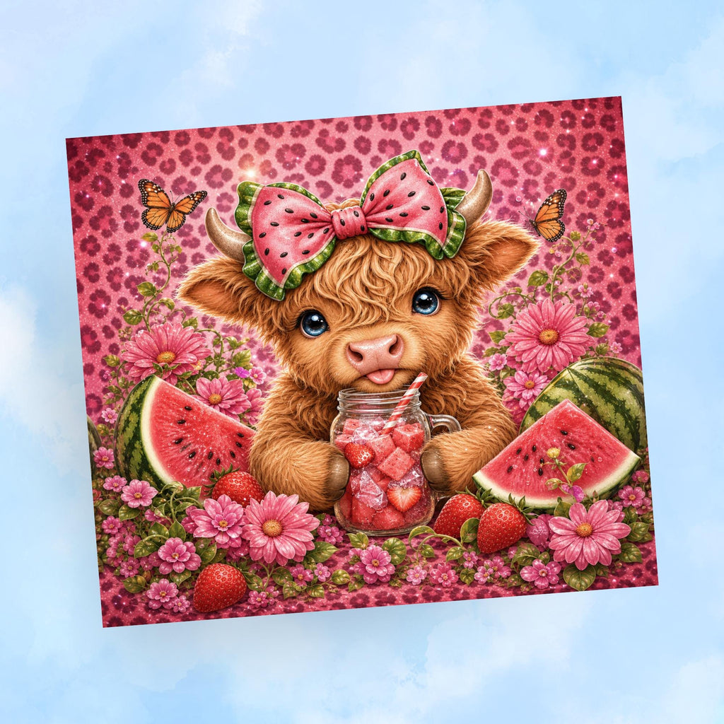 Watermelon Highland Cow Tumbler Wrap PNG with Mockups, Cute Pink Leopard Floral 20oz Skinny Sublimation, Summer Cow Seamless Download