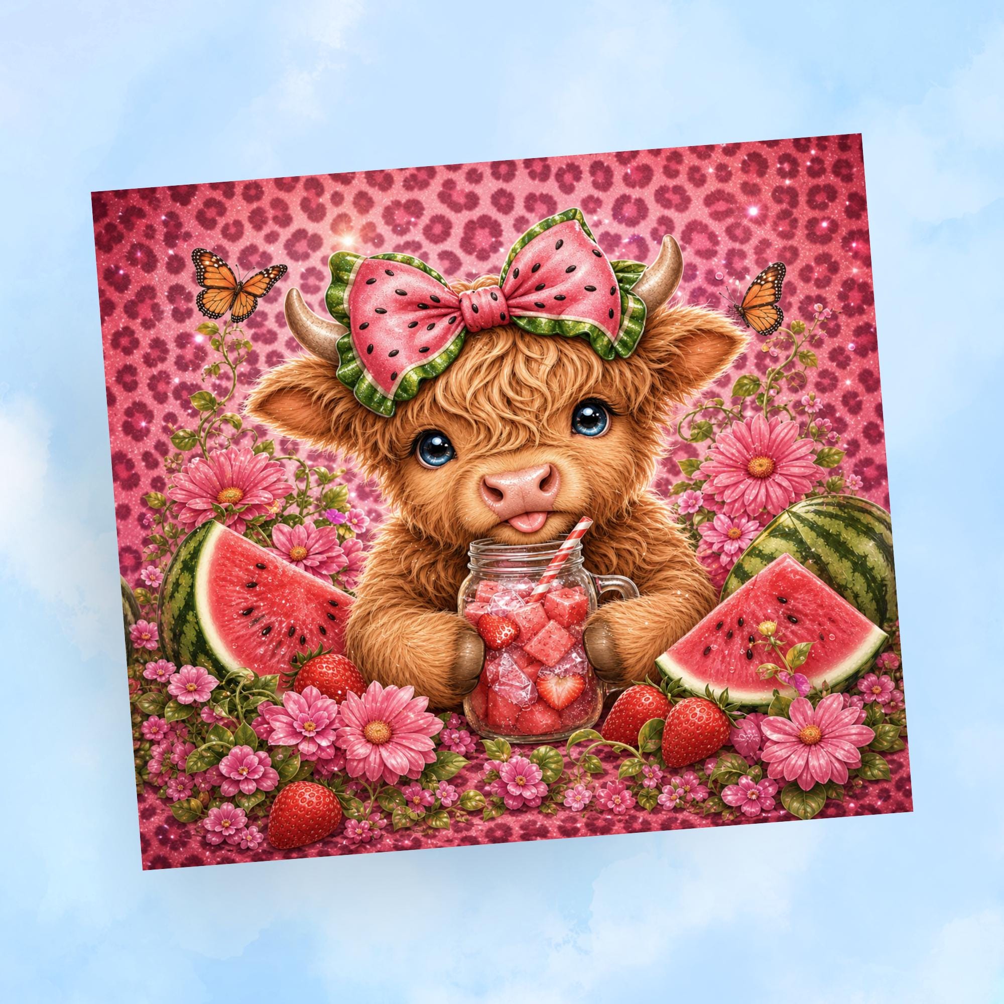 Watermelon Highland Cow Tumbler Wrap PNG with Mockups, Cute Pink Leopard Floral 20oz Skinny Sublimation, Summer Cow Seamless Download