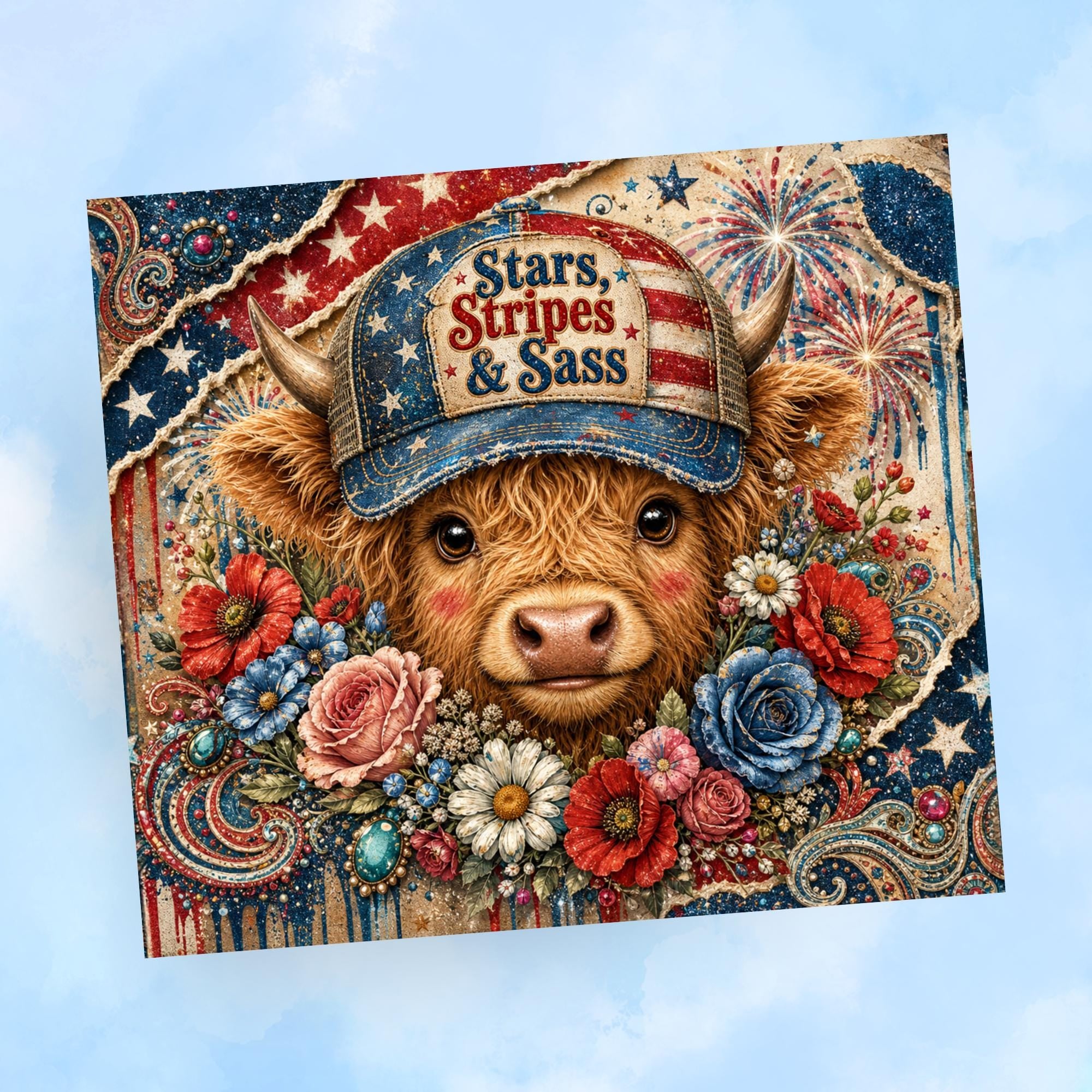 Stars Stripes and Sass Highland Cow Tumbler Wrap PNG with Mockups, Patriotic 4th of July 20oz Skinny Sublimation, Floral Vintage Seamless