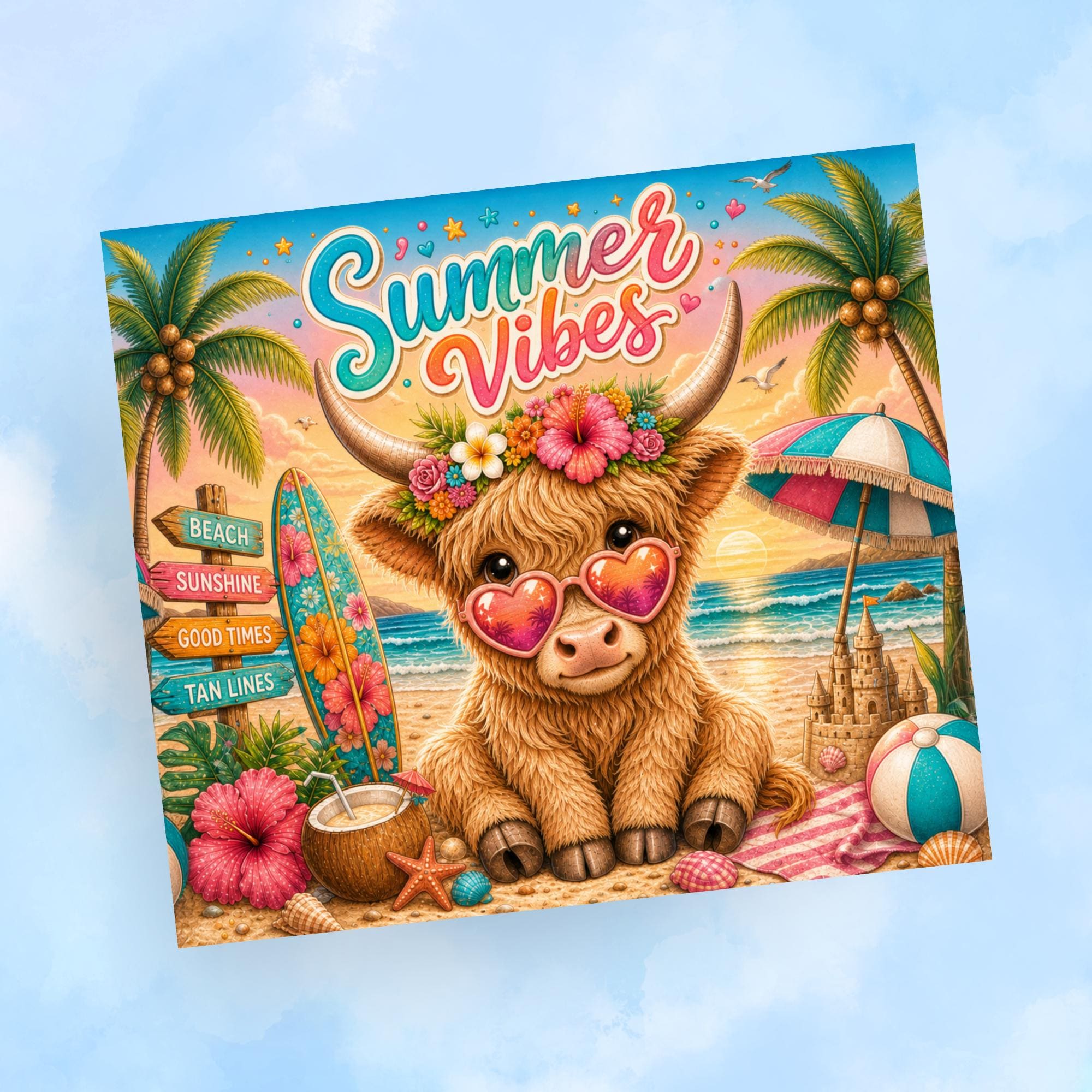 Summer Vibes Highland Cow Tumbler Wrap PNG with Mockups, Tropical Beach Surfboard 20oz Skinny Sublimation, Hibiscus Seamless Download